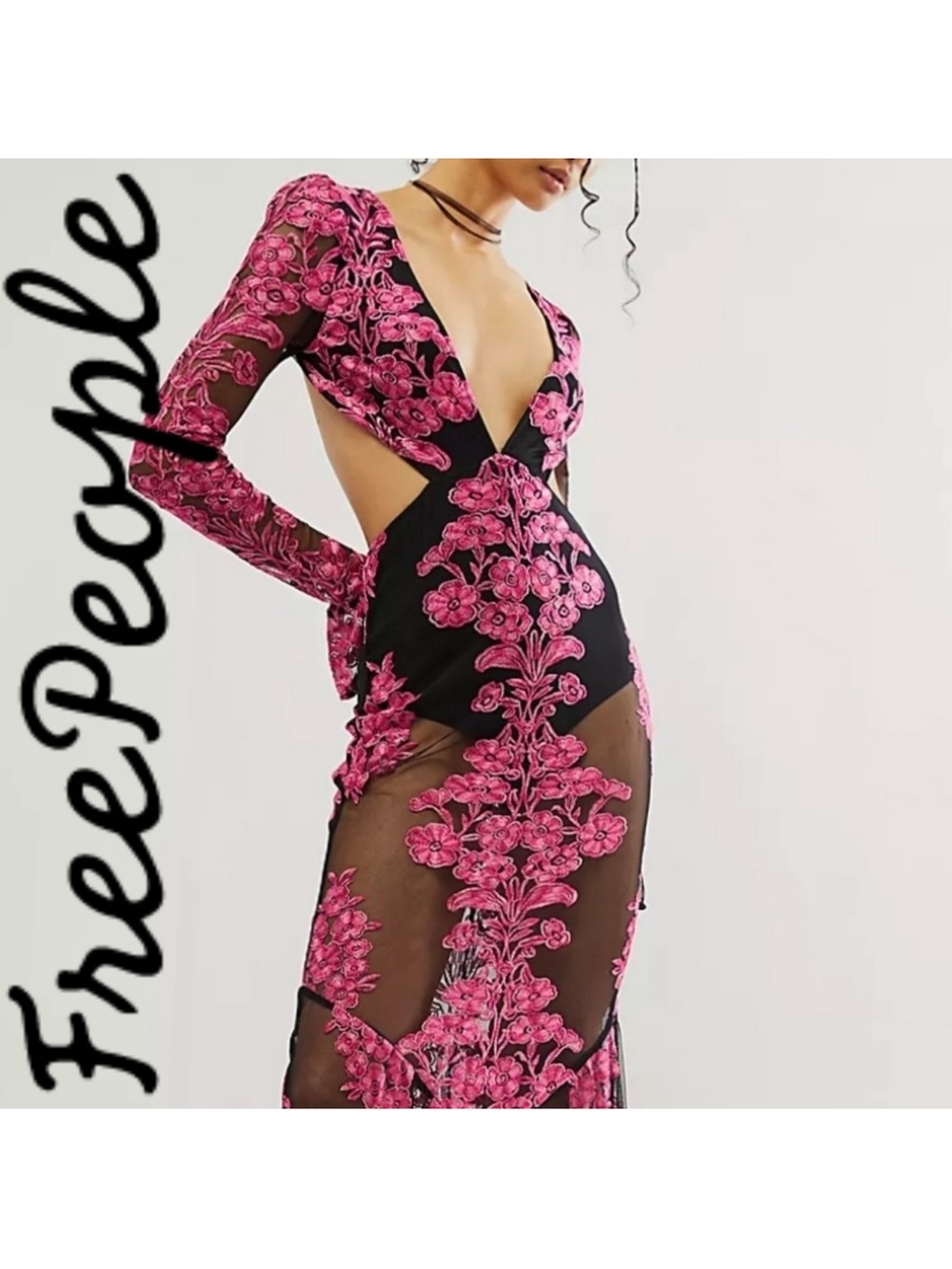 For Love And Lemons free people Black Gown with Fuchsia Floral Embroidery